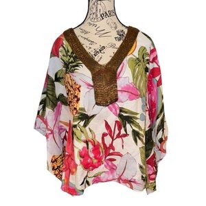 Peck and Peck Floral Print Linen Top Size Small
